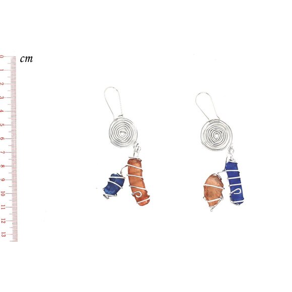 Handmade spiral wire wrapped blue and orange glass earrings. - Picture 6 of 6